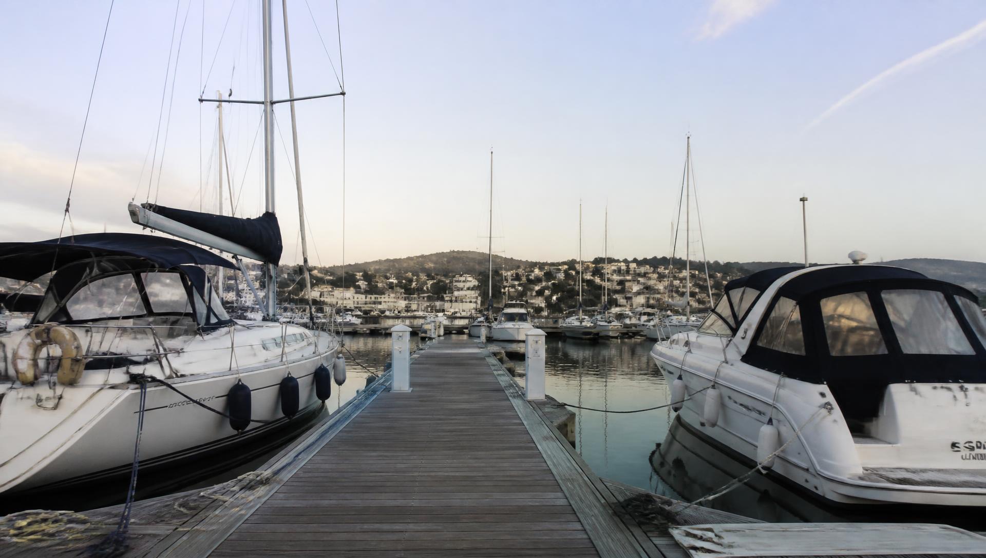 Wooden pontoon between moored yachts in a marina at first light